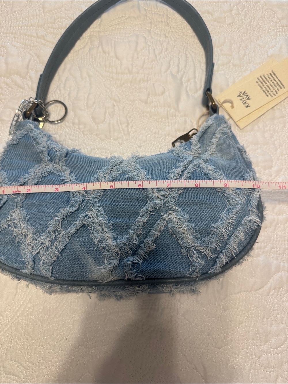 Light Blue Denim Shoulder Bag with Frayed Diamond Stitch - Picture 5 of 6